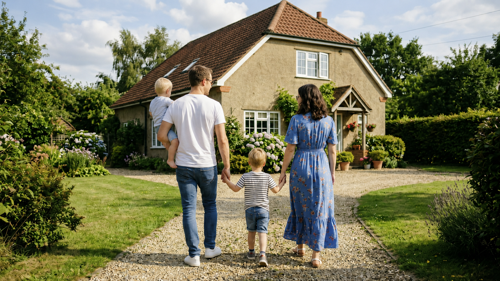 Familie mit zwei Kindern auf dem Weg zu einem Haus mit Garten